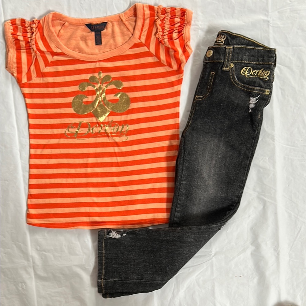 Dereon Orange Striped Tee and Black Denim Set